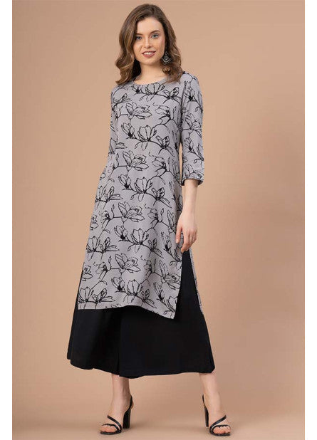 Printed Rayon Gray Kurta For Women - UniqueFashionCollection